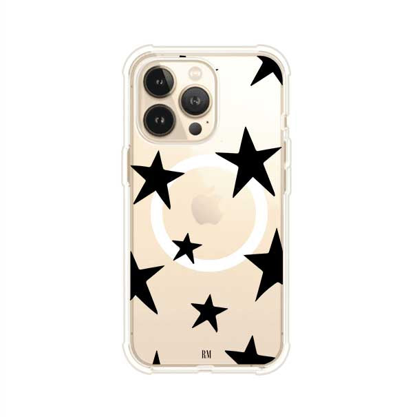 Funda personalizada para iPhone con diseño minimalista de estrellas negras sobre fondo transparente, estilo Black Stars de Remark MX