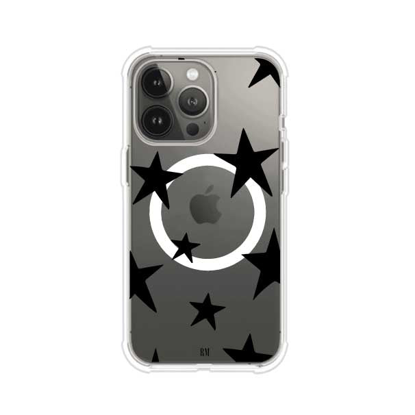 Funda personalizada para iPhone con diseño minimalista de estrellas negras sobre fondo transparente, estilo Black Stars de Remark MX