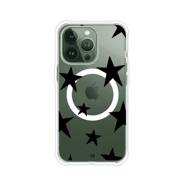 Funda personalizada para iPhone con diseño minimalista de estrellas negras sobre fondo transparente, estilo Black Stars de Remark MX