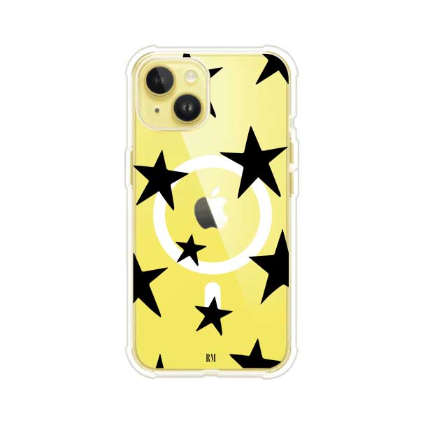 Funda personalizada para iPhone con diseño minimalista de estrellas negras sobre fondo transparente, estilo Black Stars de Remark MX