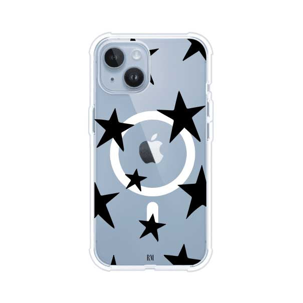 Funda personalizada para iPhone con diseño minimalista de estrellas negras sobre fondo transparente, estilo Black Stars de Remark MX