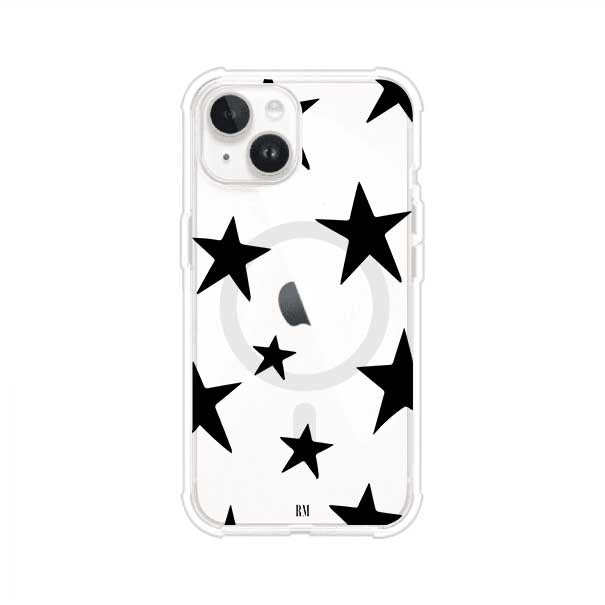 Funda personalizada para iPhone con diseño minimalista de estrellas negras sobre fondo transparente, estilo Black Stars de Remark MX