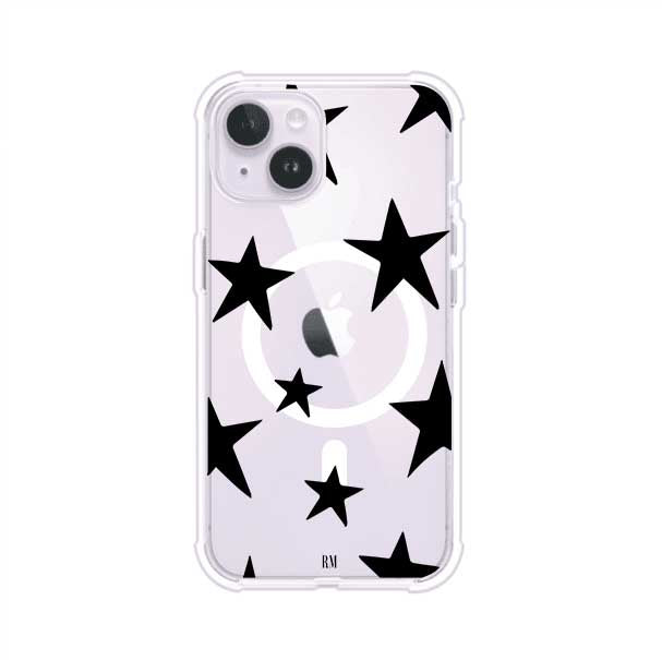 Funda personalizada para iPhone con diseño minimalista de estrellas negras sobre fondo transparente, estilo Black Stars de Remark MX