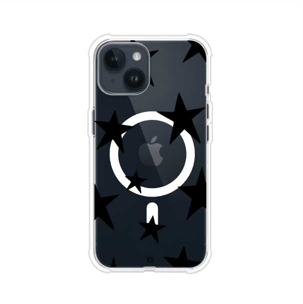 Funda personalizada para iPhone con diseño minimalista de estrellas negras sobre fondo transparente, estilo Black Stars de Remark MX