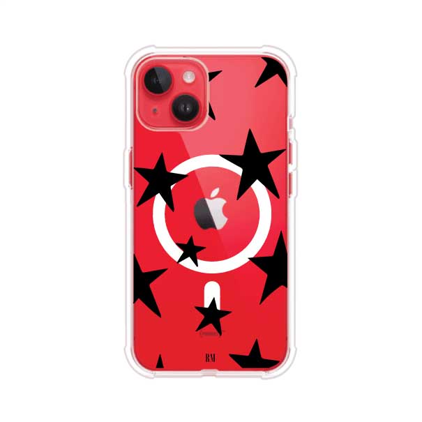 Funda personalizada para iPhone con diseño minimalista de estrellas negras sobre fondo transparente, estilo Black Stars de Remark MX