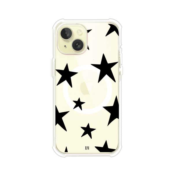 Funda personalizada para iPhone con diseño minimalista de estrellas negras sobre fondo transparente, estilo Black Stars de Remark MX