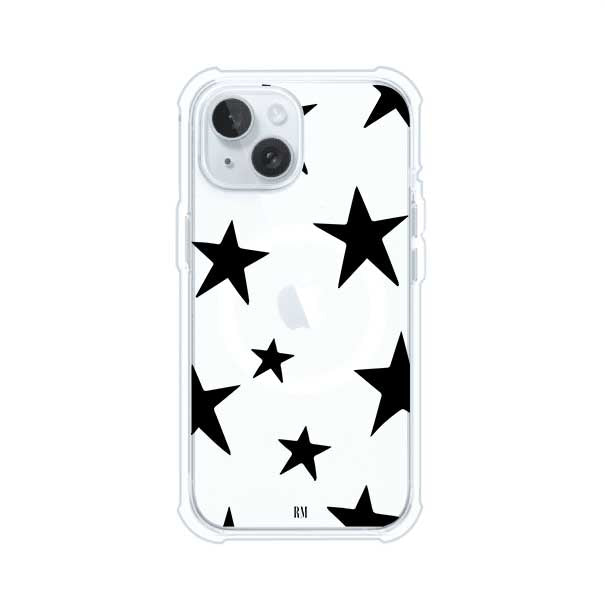 Funda personalizada para iPhone con diseño minimalista de estrellas negras sobre fondo transparente, estilo Black Stars de Remark MX