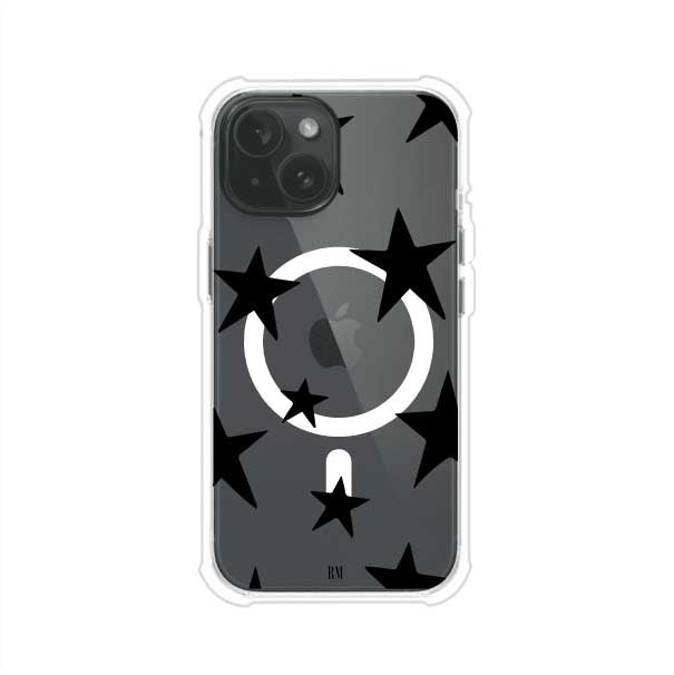 Funda personalizada para iPhone con diseño minimalista de estrellas negras sobre fondo transparente, estilo Black Stars de Remark MX