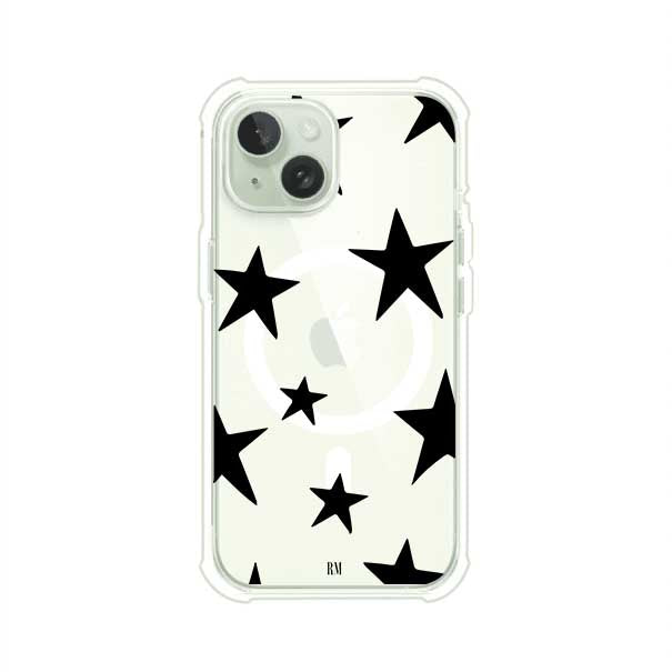 Funda personalizada para iPhone con diseño minimalista de estrellas negras sobre fondo transparente, estilo Black Stars de Remark MX