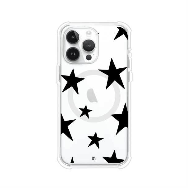 Funda personalizada para iPhone con diseño minimalista de estrellas negras sobre fondo transparente, estilo Black Stars de Remark MX
