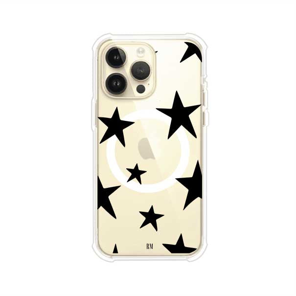 Funda personalizada para iPhone con diseño minimalista de estrellas negras sobre fondo transparente, estilo Black Stars de Remark MX