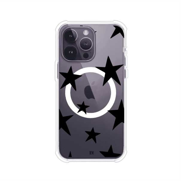 Funda personalizada para iPhone con diseño minimalista de estrellas negras sobre fondo transparente, estilo Black Stars de Remark MX