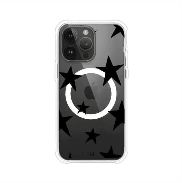 Funda personalizada para iPhone con diseño minimalista de estrellas negras sobre fondo transparente, estilo Black Stars de Remark MX