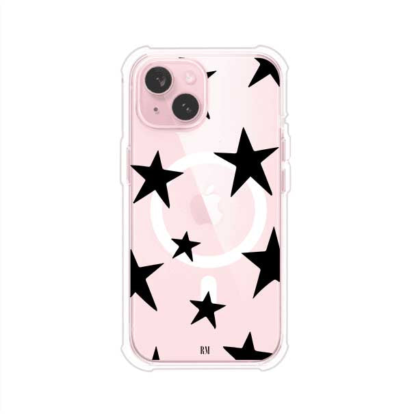 Funda personalizada para iPhone con diseño minimalista de estrellas negras sobre fondo transparente, estilo Black Stars de Remark MX