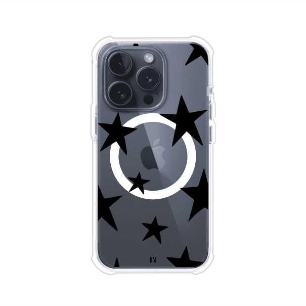 Funda personalizada para iPhone con diseño minimalista de estrellas negras sobre fondo transparente, estilo Black Stars de Remark MX