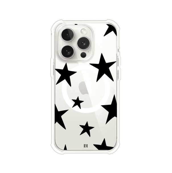 Funda personalizada para iPhone con diseño minimalista de estrellas negras sobre fondo transparente, estilo Black Stars de Remark MX