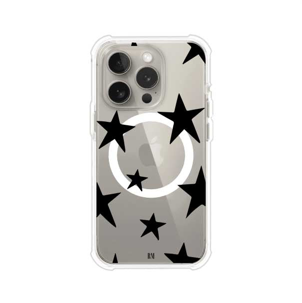 Funda personalizada para iPhone con diseño minimalista de estrellas negras sobre fondo transparente, estilo Black Stars de Remark MX