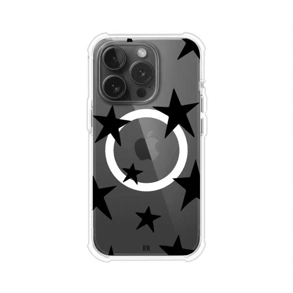 Funda personalizada para iPhone con diseño minimalista de estrellas negras sobre fondo transparente, estilo Black Stars de Remark MX