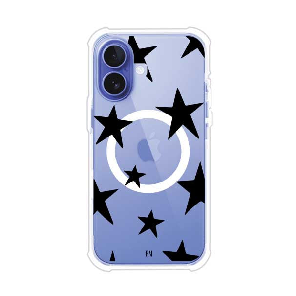 Funda personalizada para iPhone con diseño minimalista de estrellas negras sobre fondo transparente, estilo Black Stars de Remark MX
