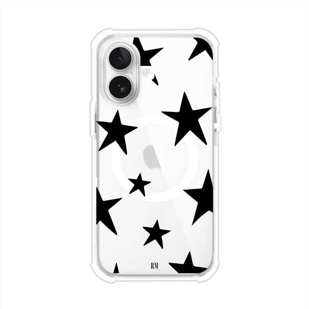 Funda personalizada para iPhone con diseño minimalista de estrellas negras sobre fondo transparente, estilo Black Stars de Remark MX