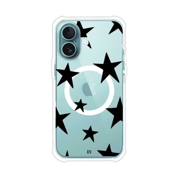 Funda personalizada para iPhone con diseño minimalista de estrellas negras sobre fondo transparente, estilo Black Stars de Remark MX