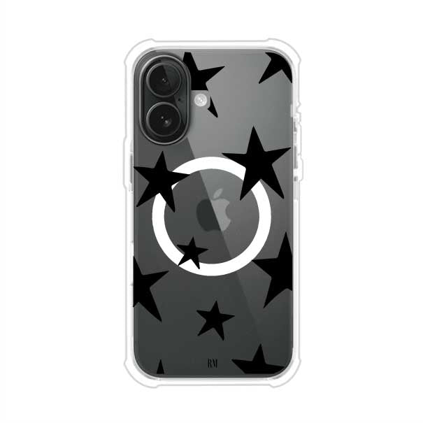 Funda personalizada para iPhone con diseño minimalista de estrellas negras sobre fondo transparente, estilo Black Stars de Remark MX