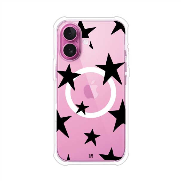 Funda personalizada para iPhone con diseño minimalista de estrellas negras sobre fondo transparente, estilo Black Stars de Remark MX