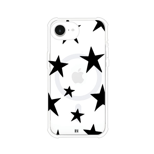 Funda personalizada para iPhone con diseño minimalista de estrellas negras sobre fondo transparente, estilo Black Stars de Remark MX
