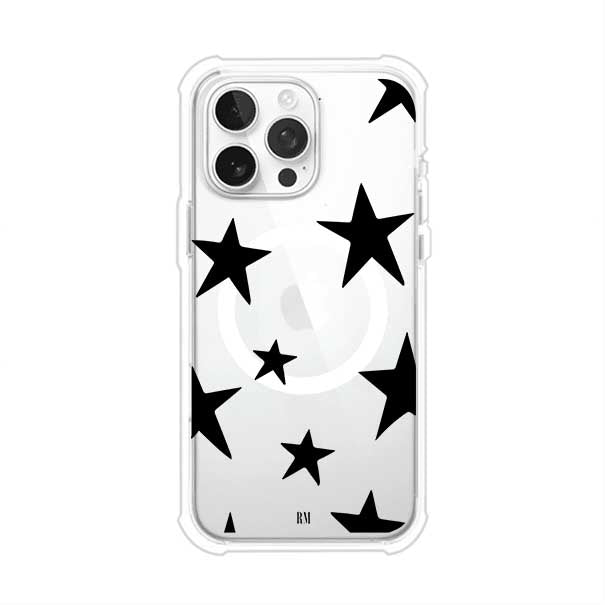Funda personalizada para iPhone con diseño minimalista de estrellas negras sobre fondo transparente, estilo Black Stars de Remark MX