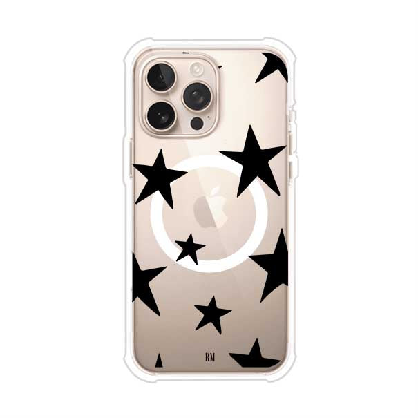 Funda personalizada para iPhone con diseño minimalista de estrellas negras sobre fondo transparente, estilo Black Stars de Remark MX