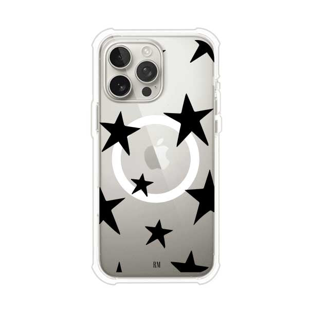 Funda personalizada para iPhone con diseño minimalista de estrellas negras sobre fondo transparente, estilo Black Stars de Remark MX