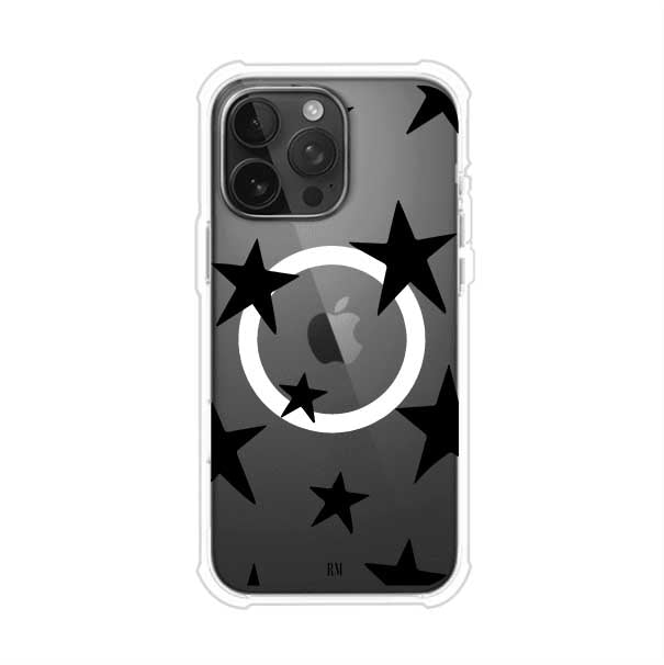 Funda personalizada para iPhone con diseño minimalista de estrellas negras sobre fondo transparente, estilo Black Stars de Remark MX
