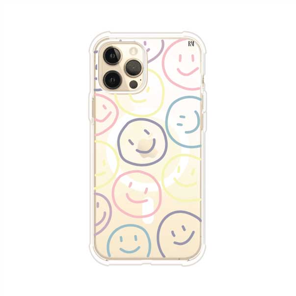 Funda personalizada para iPhone con diseño de caritas felices o happy faces en colores pastel, ideal para un estilo divertido y colorido; producto de Remark MX