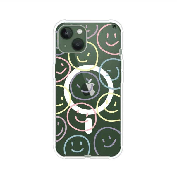 Funda personalizada para iPhone con diseño de caritas felices o happy faces en colores pastel, ideal para un estilo divertido y colorido; producto de Remark MX