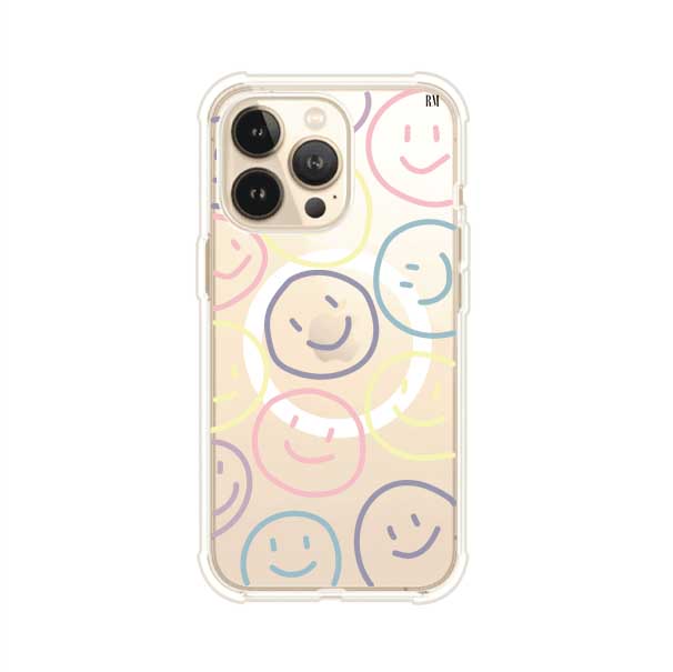 Funda personalizada para iPhone con diseño de caritas felices o happy faces en colores pastel, ideal para un estilo divertido y colorido; producto de Remark MX