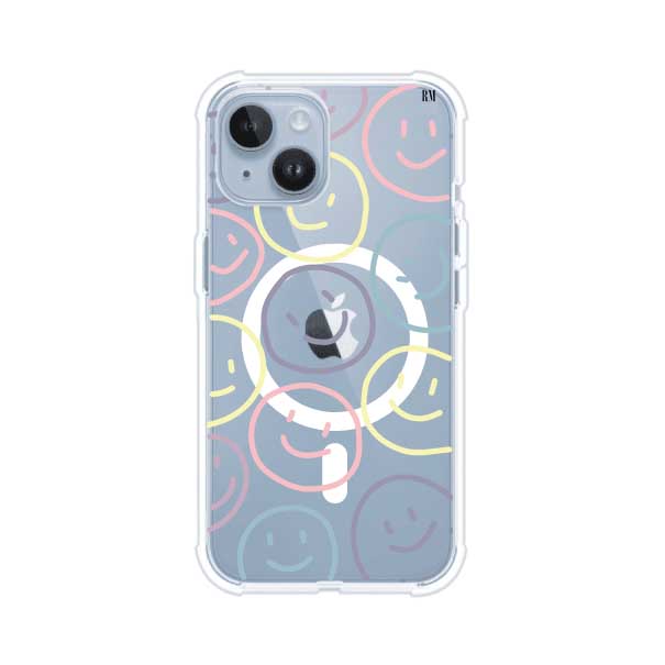 Funda personalizada para iPhone con diseño de caritas felices o happy faces en colores pastel, ideal para un estilo divertido y colorido; producto de Remark MX