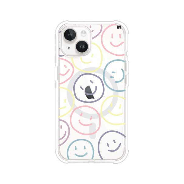Funda personalizada para iPhone con diseño de caritas felices o happy faces en colores pastel, ideal para un estilo divertido y colorido; producto de Remark MX