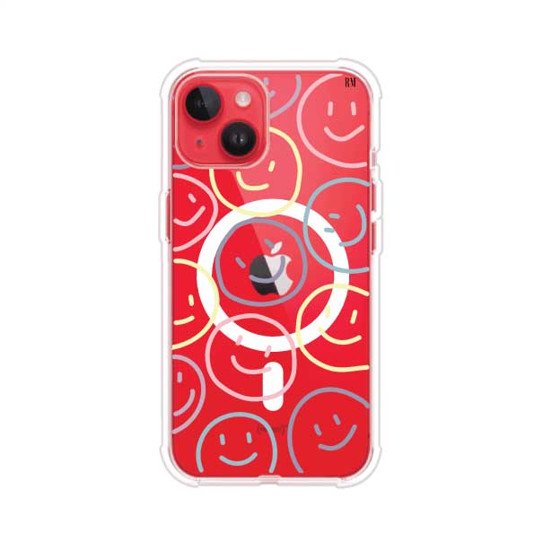 Funda personalizada para iPhone con diseño de caritas felices o happy faces en colores pastel, ideal para un estilo divertido y colorido; producto de Remark MX