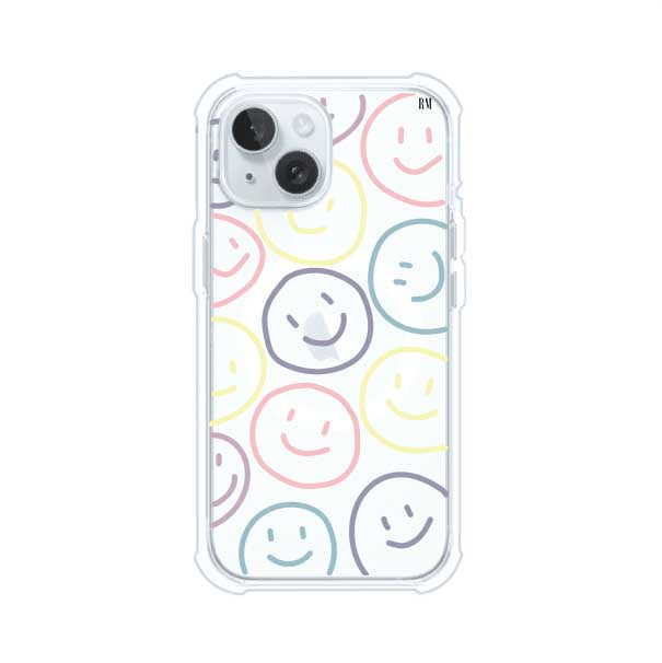 Funda personalizada para iPhone con diseño de caritas felices o happy faces en colores pastel, ideal para un estilo divertido y colorido; producto de Remark MX