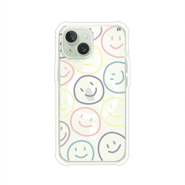 Funda personalizada para iPhone con diseño de caritas felices o happy faces en colores pastel, ideal para un estilo divertido y colorido; producto de Remark MX