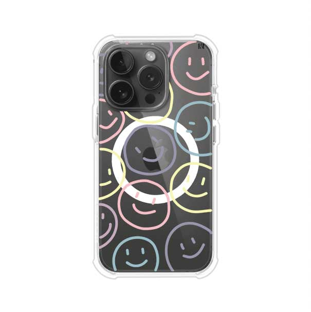 Funda personalizada para iPhone con diseño de caritas felices o happy faces en colores pastel, ideal para un estilo divertido y colorido; producto de Remark MX