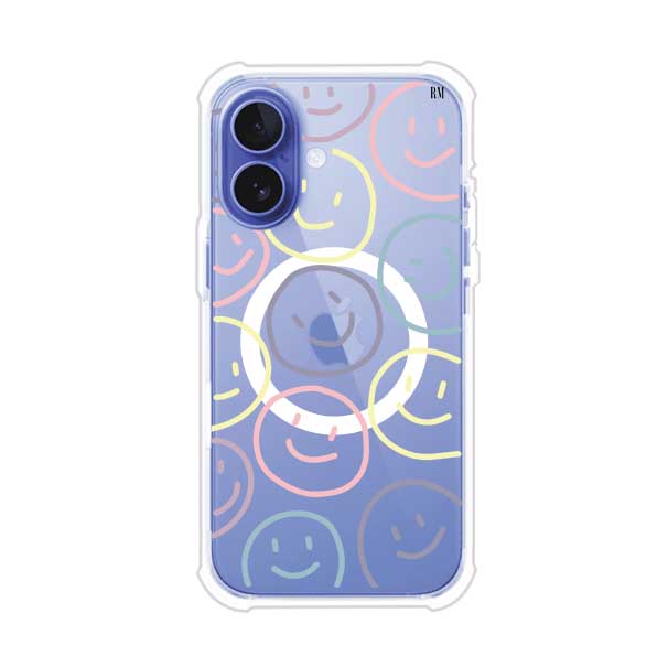Funda personalizada para iPhone con diseño de caritas felices o happy faces en colores pastel, ideal para un estilo divertido y colorido; producto de Remark MX