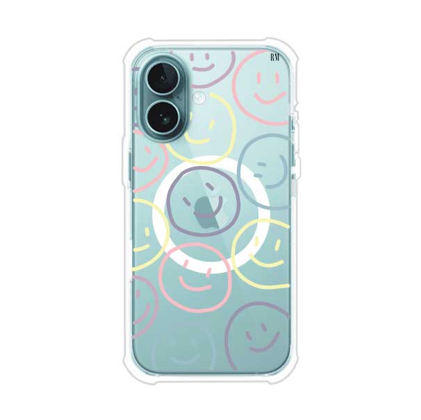Funda personalizada para iPhone con diseño de caritas felices o happy faces en colores pastel, ideal para un estilo divertido y colorido; producto de Remark MX