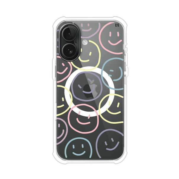 Funda personalizada para iPhone con diseño de caritas felices o happy faces en colores pastel, ideal para un estilo divertido y colorido; producto de Remark MX