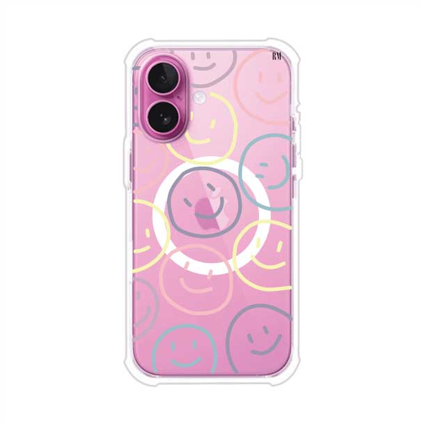 Funda personalizada para iPhone con diseño de caritas felices o happy faces en colores pastel, ideal para un estilo divertido y colorido; producto de Remark MX