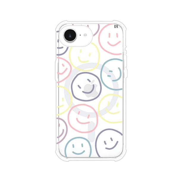 Funda personalizada para iPhone con diseño de caritas felices o happy faces en colores pastel, ideal para un estilo divertido y colorido; producto de Remark MX
