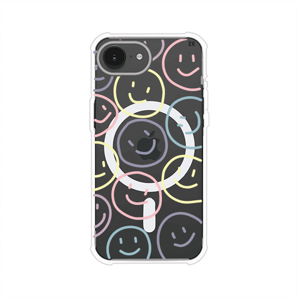 Funda personalizada para iPhone con diseño de caritas felices o happy faces en colores pastel, ideal para un estilo divertido y colorido; producto de Remark MX