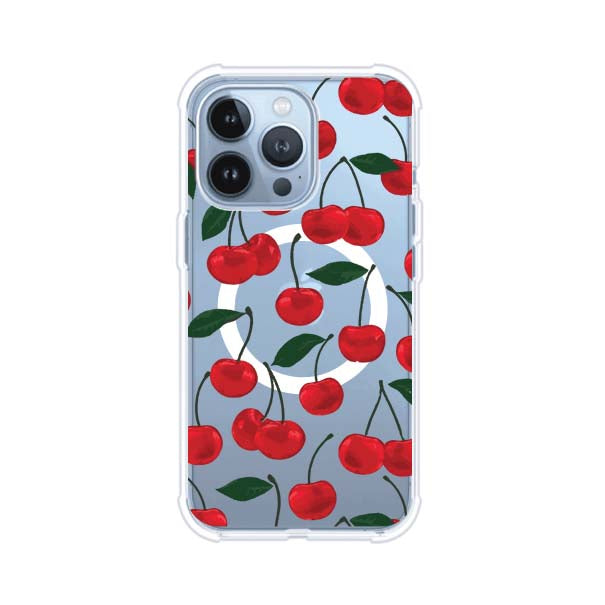 Funda personalizada para iPhone con diseño aesthetic de cerezas (cherries) rojas sobre fondo rosa, ideal para un estilo juvenil y divertido. Producto de Remark MX