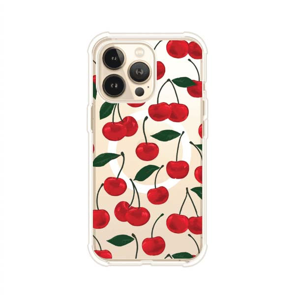 Funda personalizada para iPhone con diseño aesthetic de cerezas (cherries) rojas sobre fondo rosa, ideal para un estilo juvenil y divertido. Producto de Remark MX