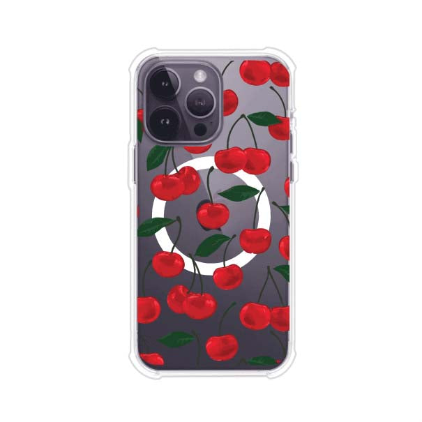 Funda personalizada para iPhone con diseño aesthetic de cerezas (cherries) rojas sobre fondo rosa, ideal para un estilo juvenil y divertido. Producto de Remark MX